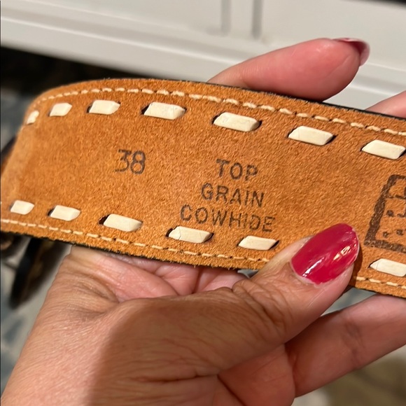 Ranch Pal Brown and Tan Tooled Leather Belt  size 38 armadillo, buckle - Picture 3 of 12